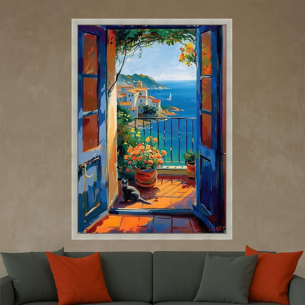 Mediterranean Coastal View Canvas, Open Door Balcony Scene, Flower Pots and Cat Wall Art, Seaside Landscape Painting, Vibrant Ready To Hang,