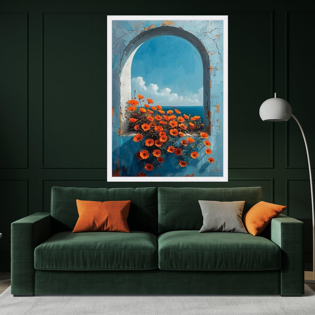 Mediterranean Archway Canvas Wall Art – Coastal Ocean View Painting, Floral Summer Wall Decor, Wall Art Ready to Hang