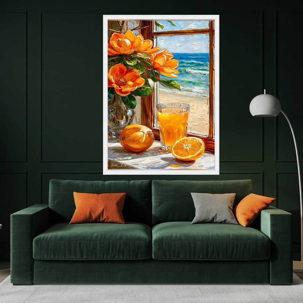 Beach Still Life Canvas Print – Orange Juice & Flower Wall Art – Summer Coastal Wall Decor – Ready to Hang Bright Painting