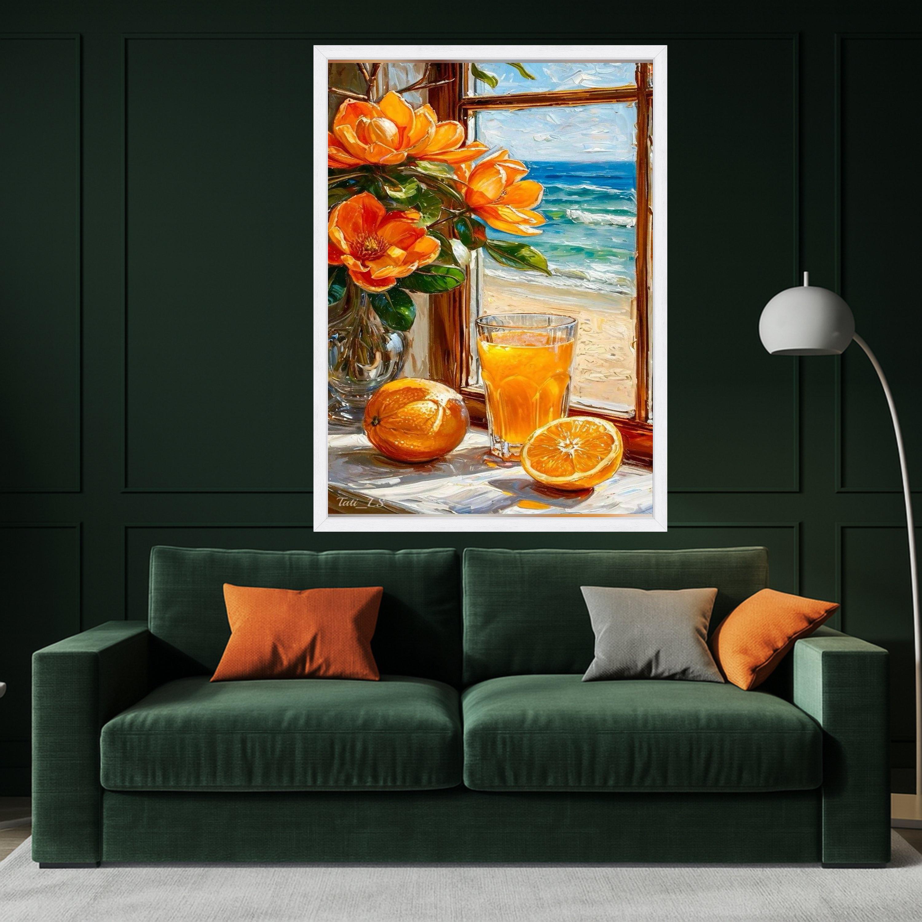Beach Still Life Canvas Print – Orange Juice & Flower Wall Art – Summer Coastal Wall Decor – Ready to Hang Bright Painting