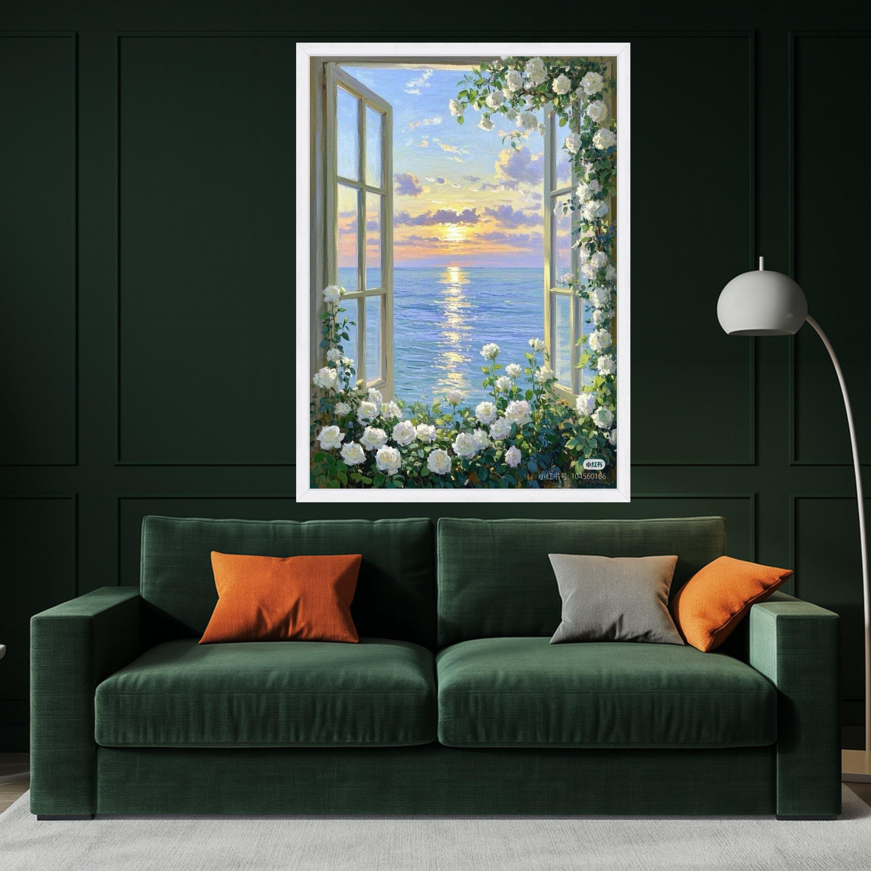 Ocean Sunset Window View Canvas Print – White Rose Floral Wall Art, Romantic Coastal Wall Decor, Serene Seaside Scene, Ready to Hang