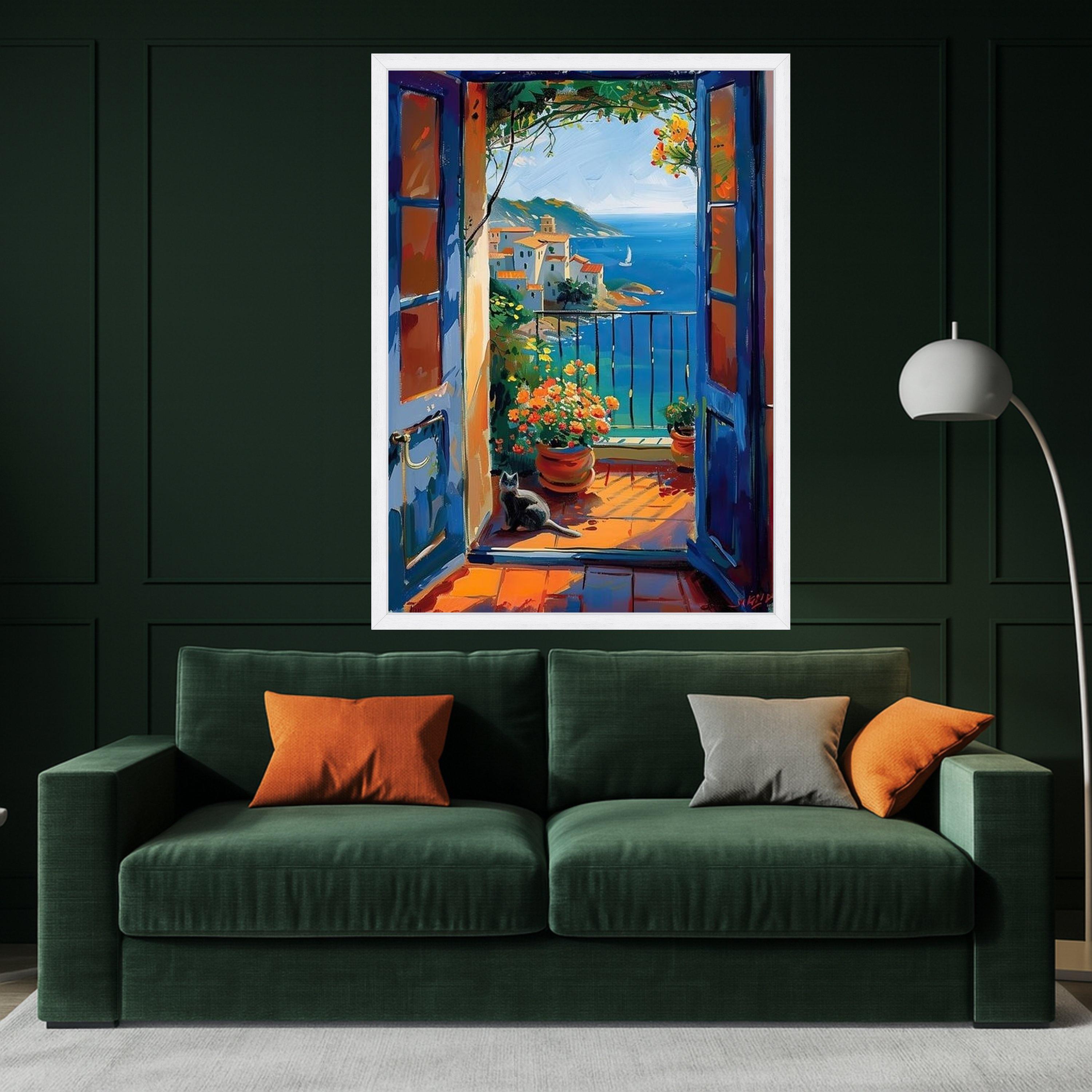 Mediterranean Coastal View Canvas, Open Door Balcony Scene, Flower Pots and Cat Wall Art, Seaside Landscape Painting, Vibrant Ready To Hang,