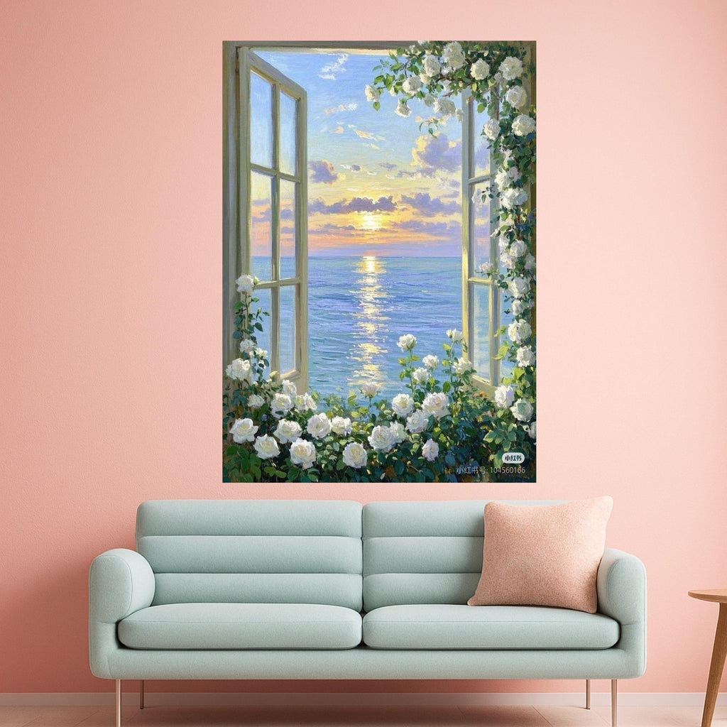 Ocean Sunset Window View Canvas Print – White Rose Floral Wall Art, Romantic Coastal Wall Decor, Serene Seaside Scene, Ready to Hang