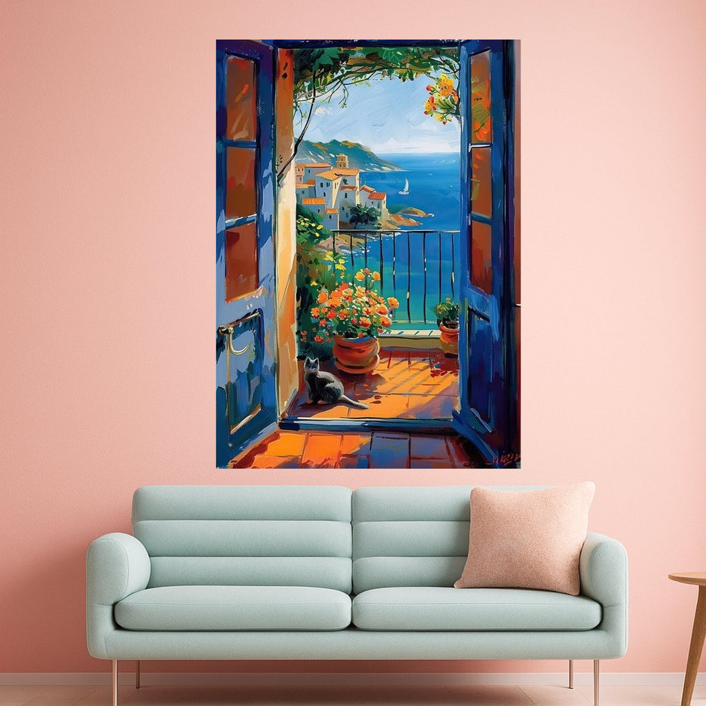 Mediterranean Coastal View Canvas, Open Door Balcony Scene, Flower Pots and Cat Wall Art, Seaside Landscape Painting, Vibrant Ready To Hang,