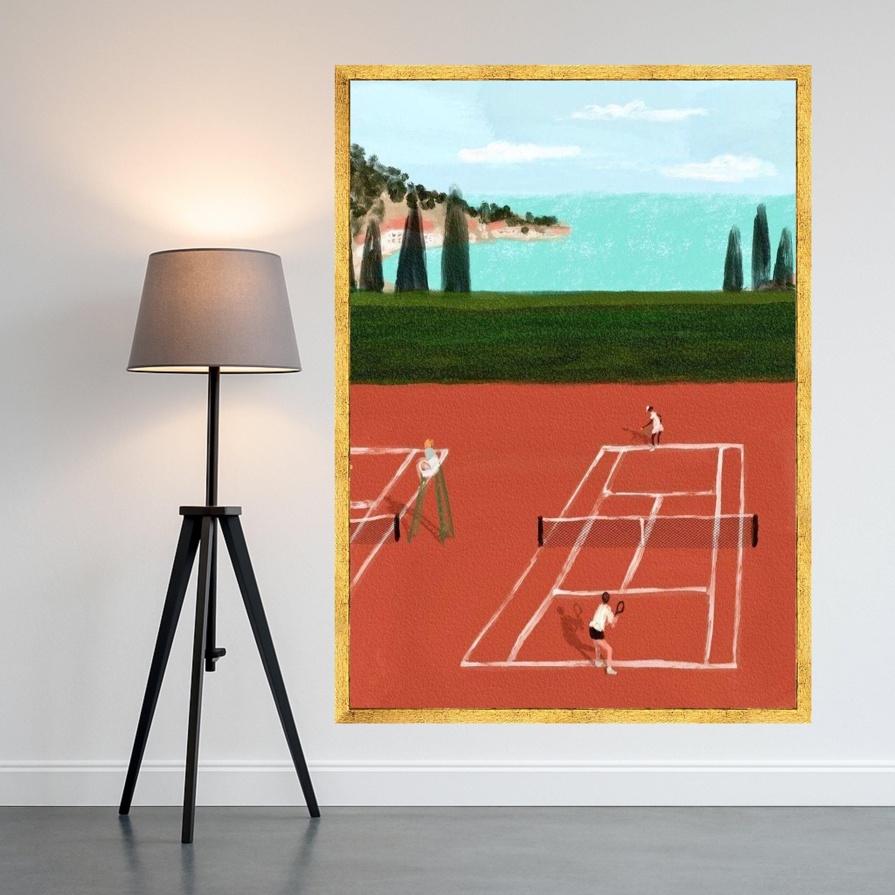 Tennis Match on Clay Court Canvas, Sport Wall Art, Outdoor Activity Decor, Coastal Landscape Painting, Modern Athletic Canvas Ready To Hang,
