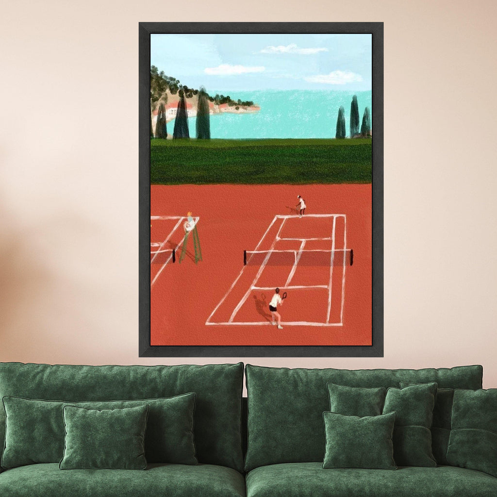 Tennis Match on Clay Court Canvas, Sport Wall Art, Outdoor Activity Decor, Coastal Landscape Painting, Modern Athletic Canvas Ready To Hang,