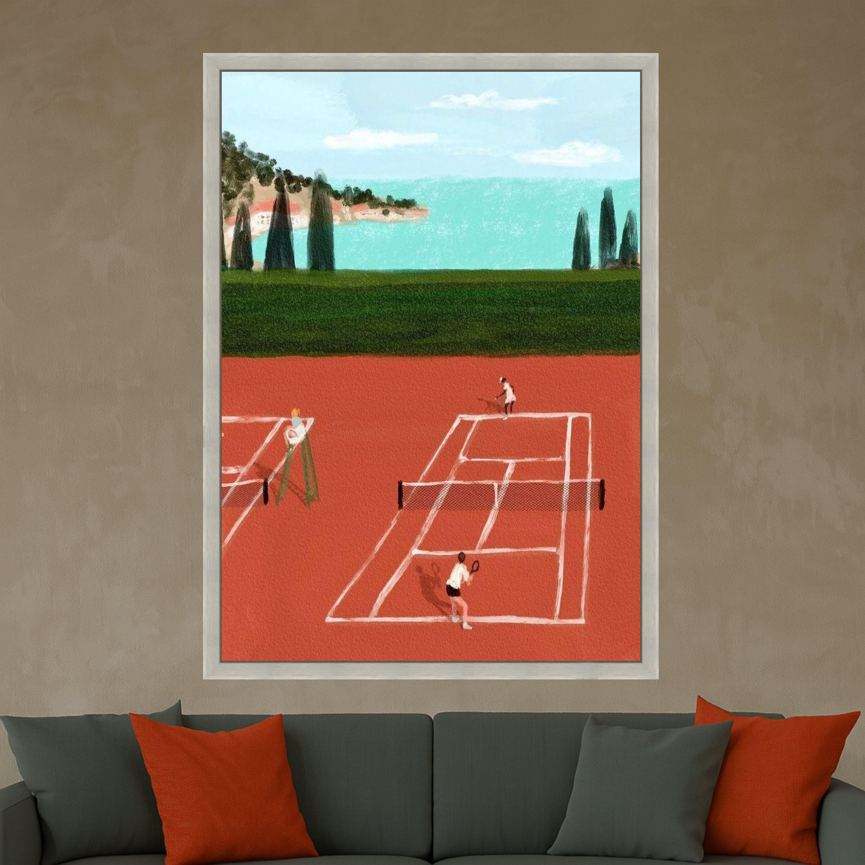Tennis Match on Clay Court Canvas, Sport Wall Art, Outdoor Activity Decor, Coastal Landscape Painting, Modern Athletic Canvas Ready To Hang,