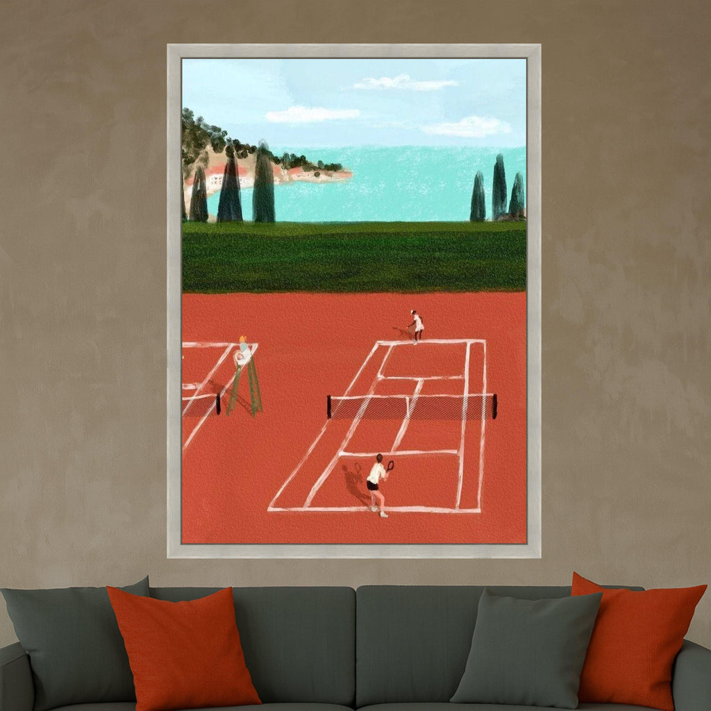 Tennis Match on Clay Court Canvas, Sport Wall Art, Outdoor Activity Decor, Coastal Landscape Painting, Modern Athletic Canvas Ready To Hang,