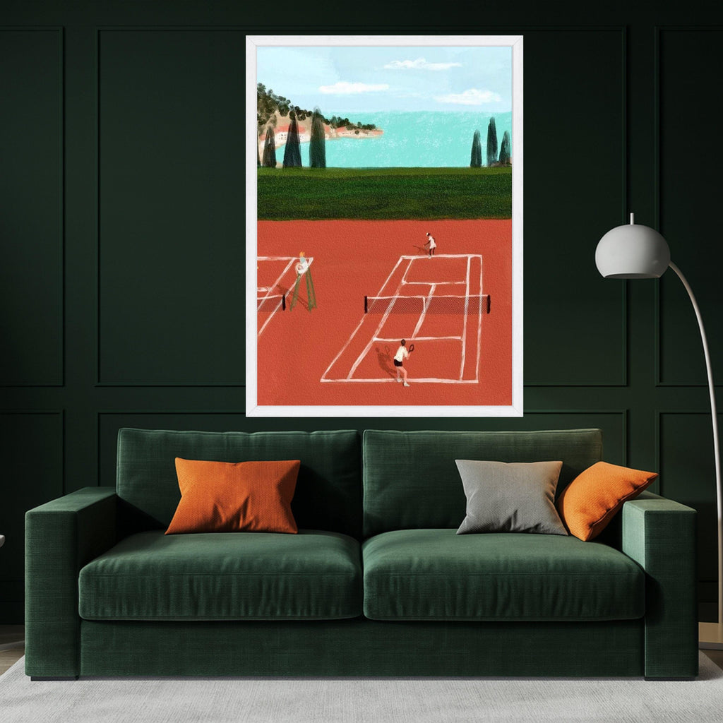 Tennis Match on Clay Court Canvas, Sport Wall Art, Outdoor Activity Decor, Coastal Landscape Painting, Modern Athletic Canvas Ready To Hang,