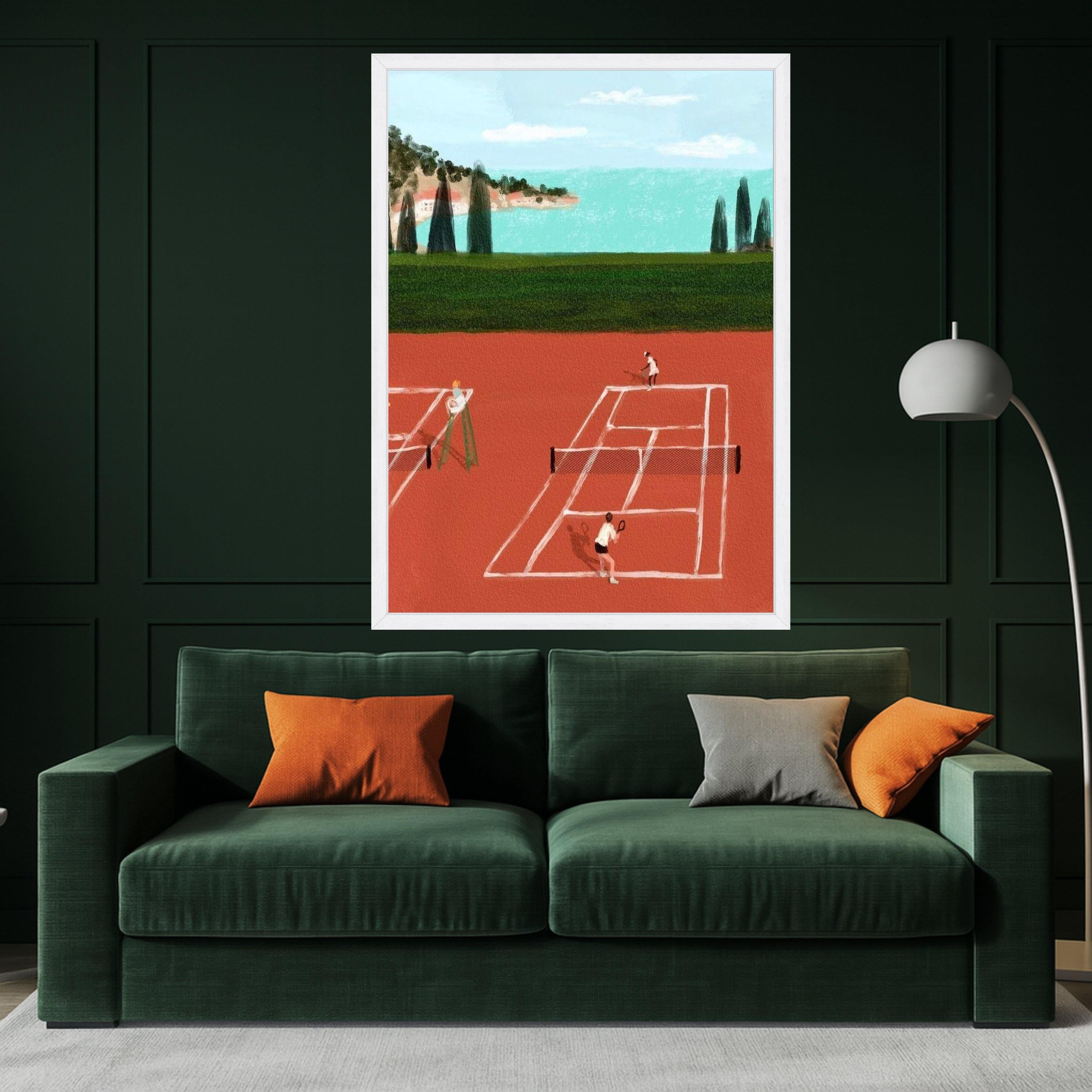 Tennis Match on Clay Court Canvas, Sport Wall Art, Outdoor Activity Decor, Coastal Landscape Painting, Modern Athletic Canvas Ready To Hang,