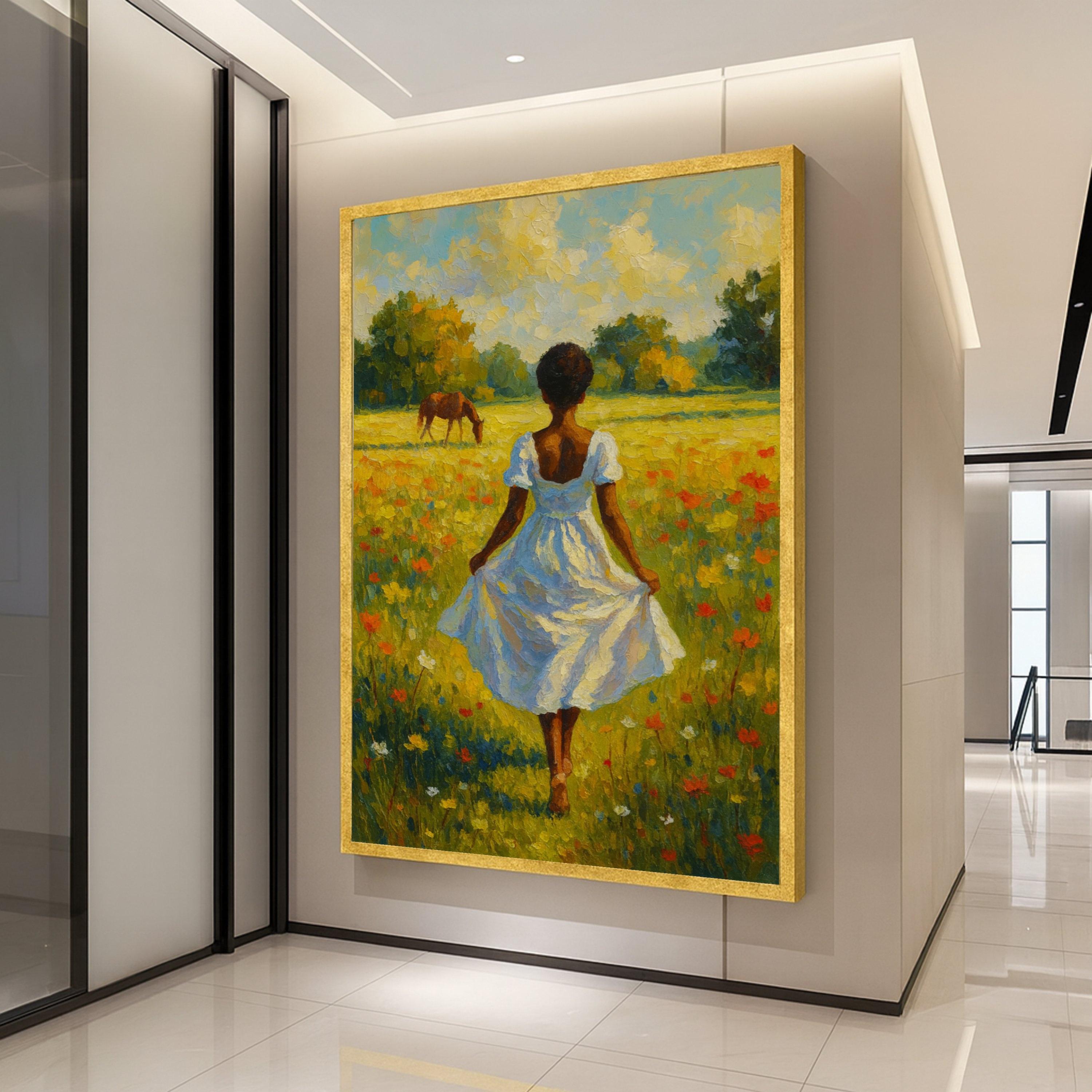 Country Meadow Canvas Print – Girl in White Dress Wall Art, Peaceful Field Scene, Horse & Wildflowers Wall Decor, Ready to Hang