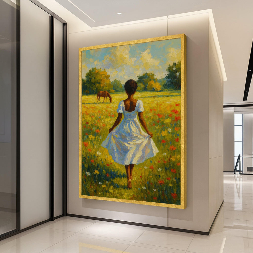 Country Meadow Canvas Print – Girl in White Dress Wall Art, Peaceful Field Scene, Horse & Wildflowers Wall Decor, Ready to Hang