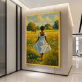 Country Meadow Canvas Print – Girl in White Dress Wall Art, Peaceful Field Scene, Horse & Wildflowers Wall Decor, Ready to Hang