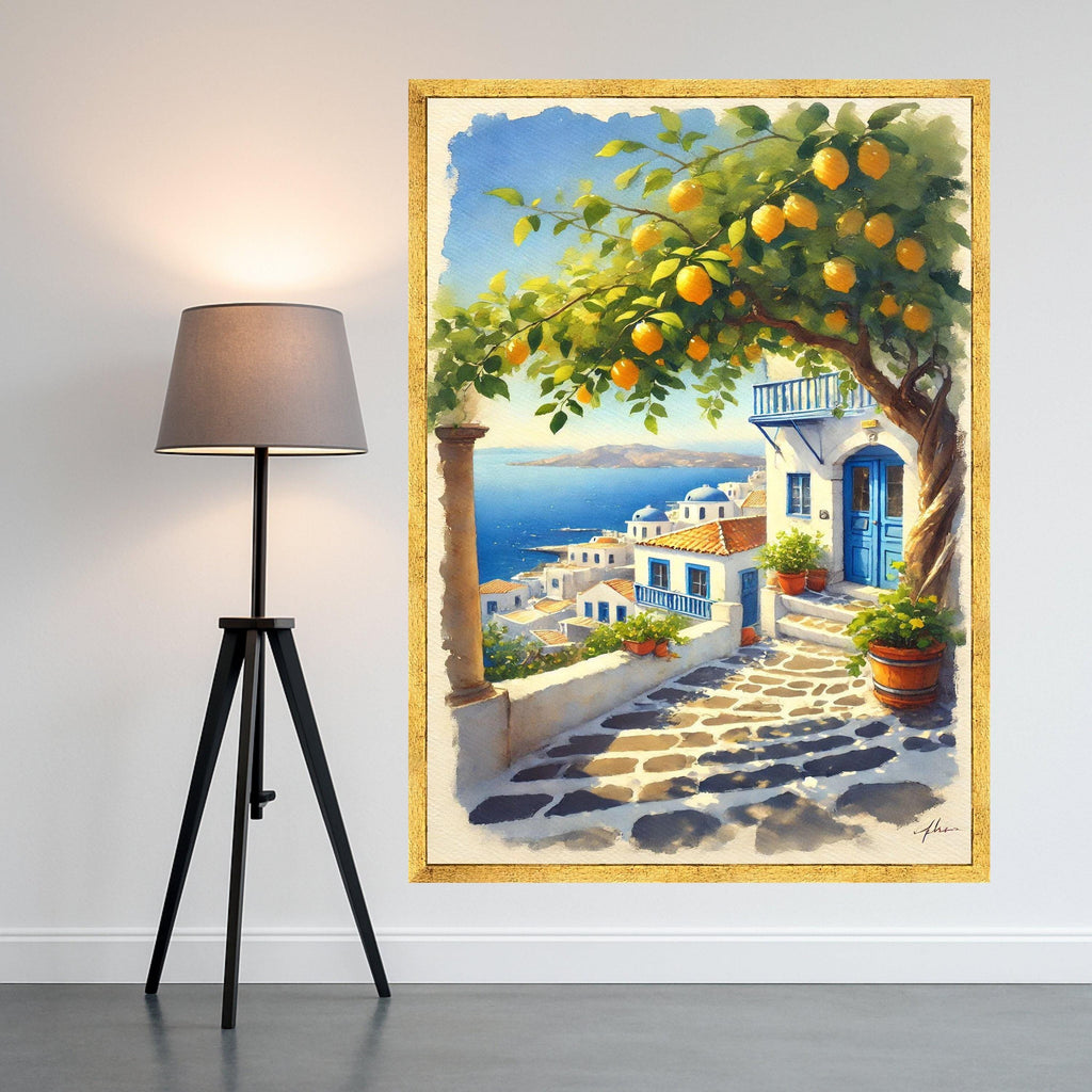 Mediterranean Village Canvas Print – Coastal Wall Art with Lemon Tree – Greek Island Wall Decor – Ready to Hang Travel Painting