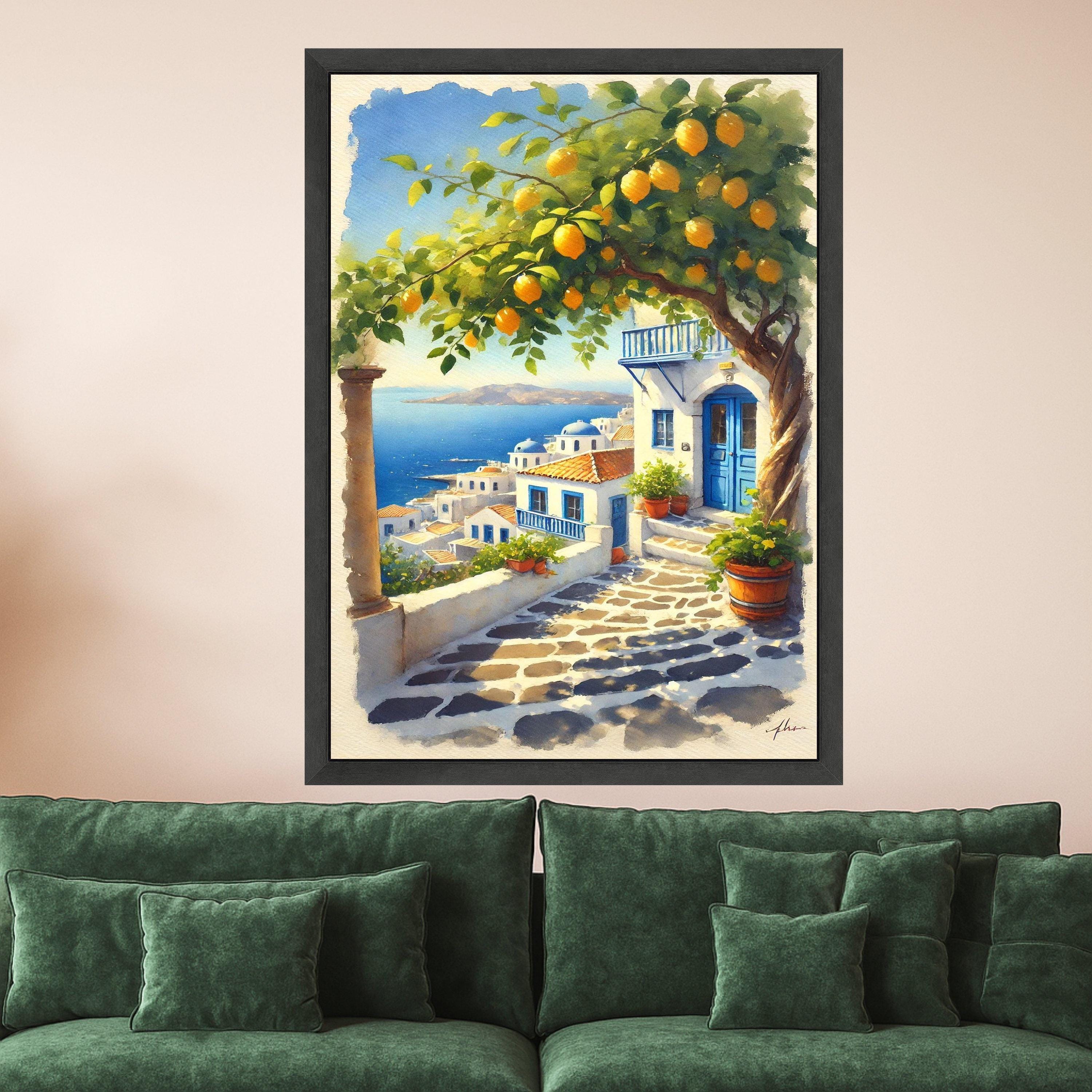Mediterranean Village Canvas Print – Coastal Wall Art with Lemon Tree – Greek Island Wall Decor – Ready to Hang Travel Painting