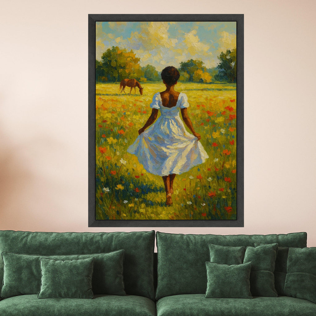 Country Meadow Canvas Print – Girl in White Dress Wall Art, Peaceful Field Scene, Horse & Wildflowers Wall Decor, Ready to Hang