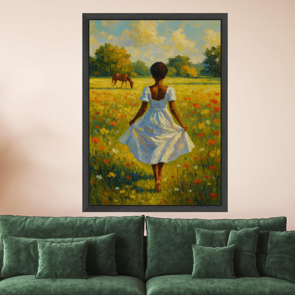 Country Meadow Canvas Print – Girl in White Dress Wall Art, Peaceful Field Scene, Horse & Wildflowers Wall Decor, Ready to Hang