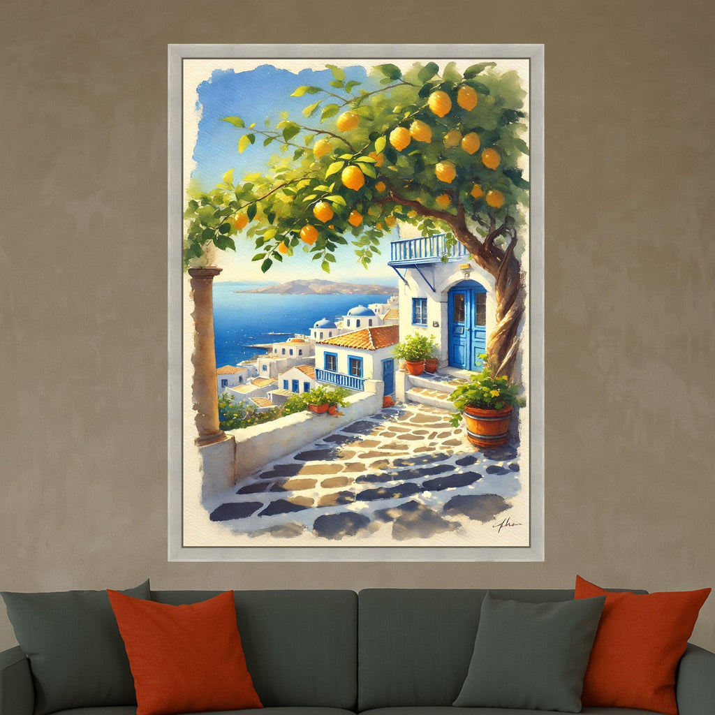 Mediterranean Village Canvas Print – Coastal Wall Art with Lemon Tree – Greek Island Wall Decor – Ready to Hang Travel Painting