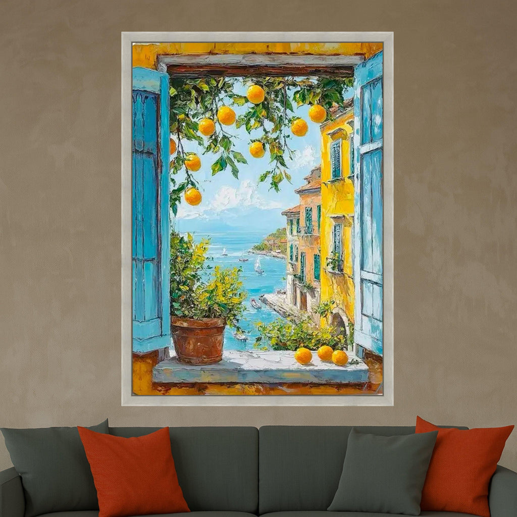 Mediterranean Window View Canvas Print – Orange Tree Wall Art, Coastal Village Wall Decor, Seaside Summer Scene, Ready to Hang