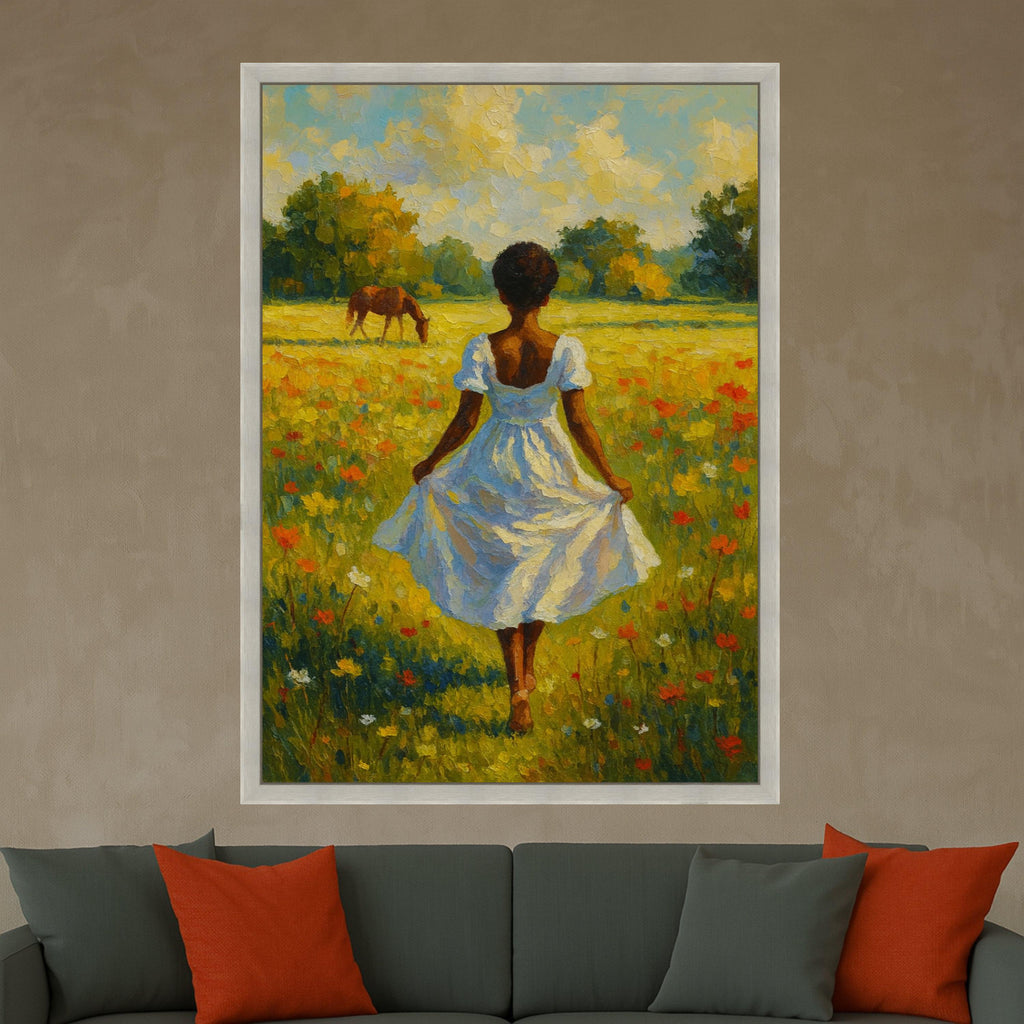 Country Meadow Canvas Print – Girl in White Dress Wall Art, Peaceful Field Scene, Horse & Wildflowers Wall Decor, Ready to Hang