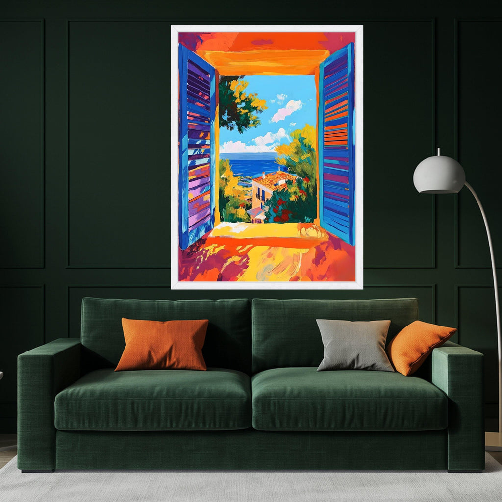 Mediterranean Window Canvas Print – Colorful Seaside Wall Art – Coastal Wall Decor – Ready to Hang Vibrant Home Painting