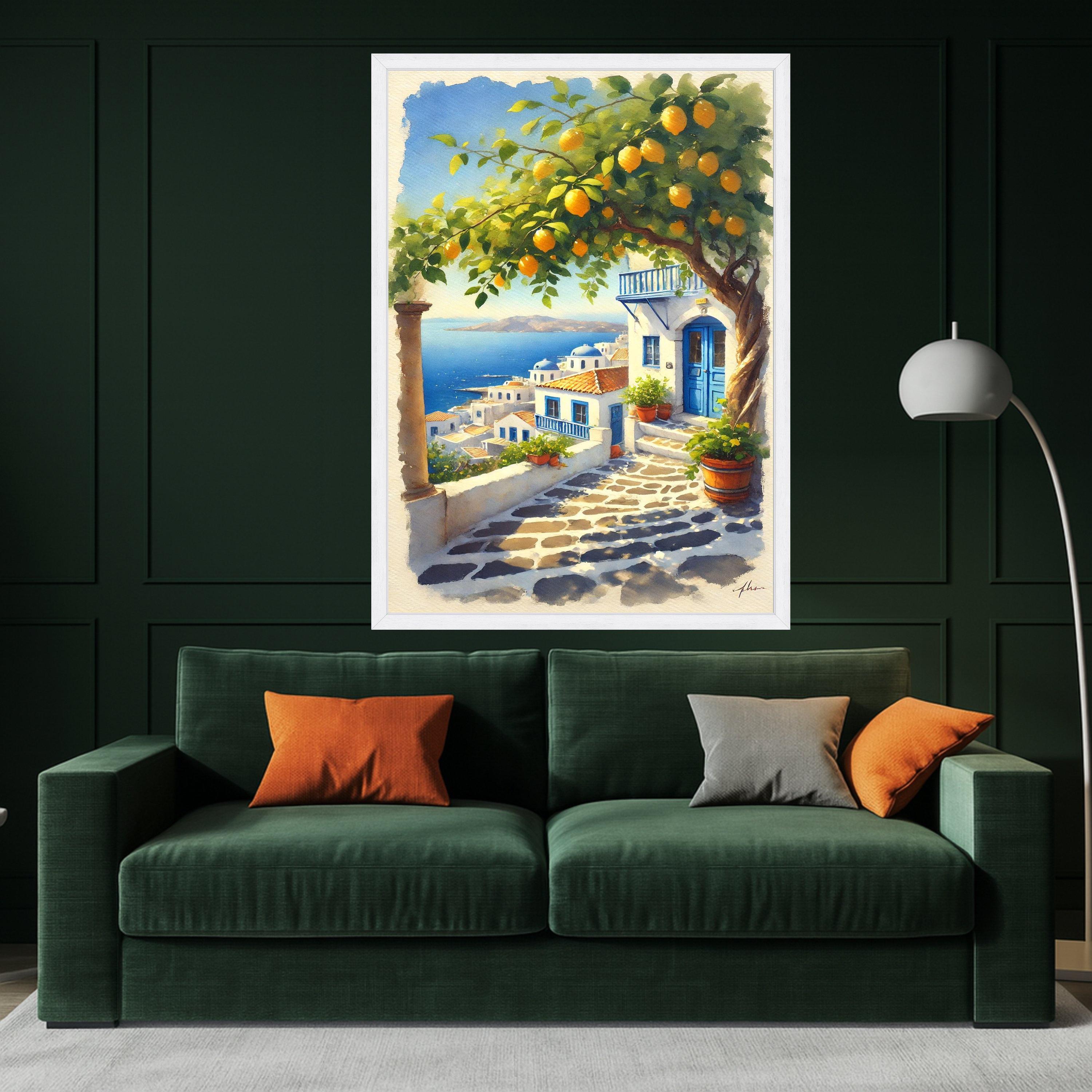 Mediterranean Village Canvas Print – Coastal Wall Art with Lemon Tree – Greek Island Wall Decor – Ready to Hang Travel Painting