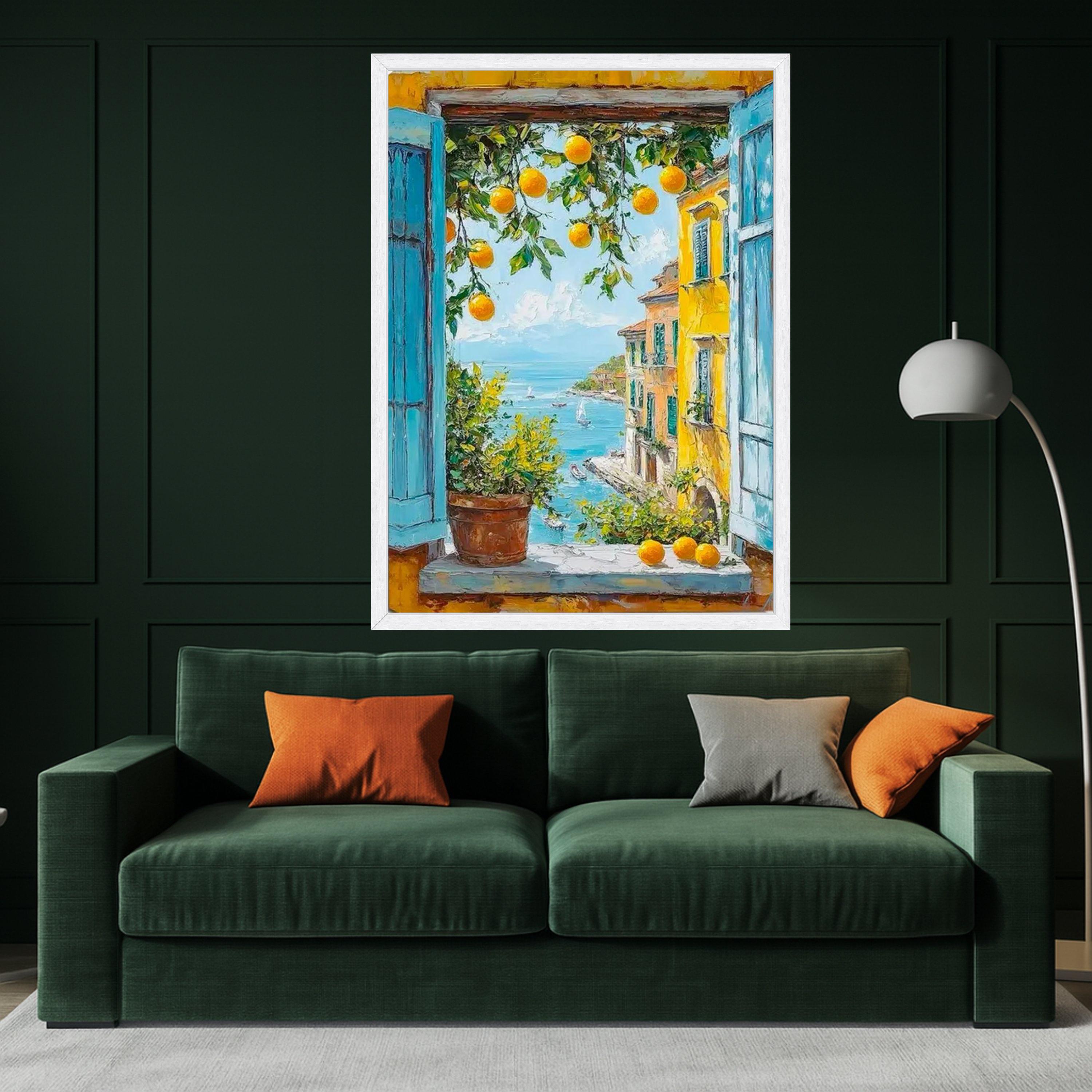 Mediterranean Window View Canvas Print – Orange Tree Wall Art, Coastal Village Wall Decor, Seaside Summer Scene, Ready to Hang
