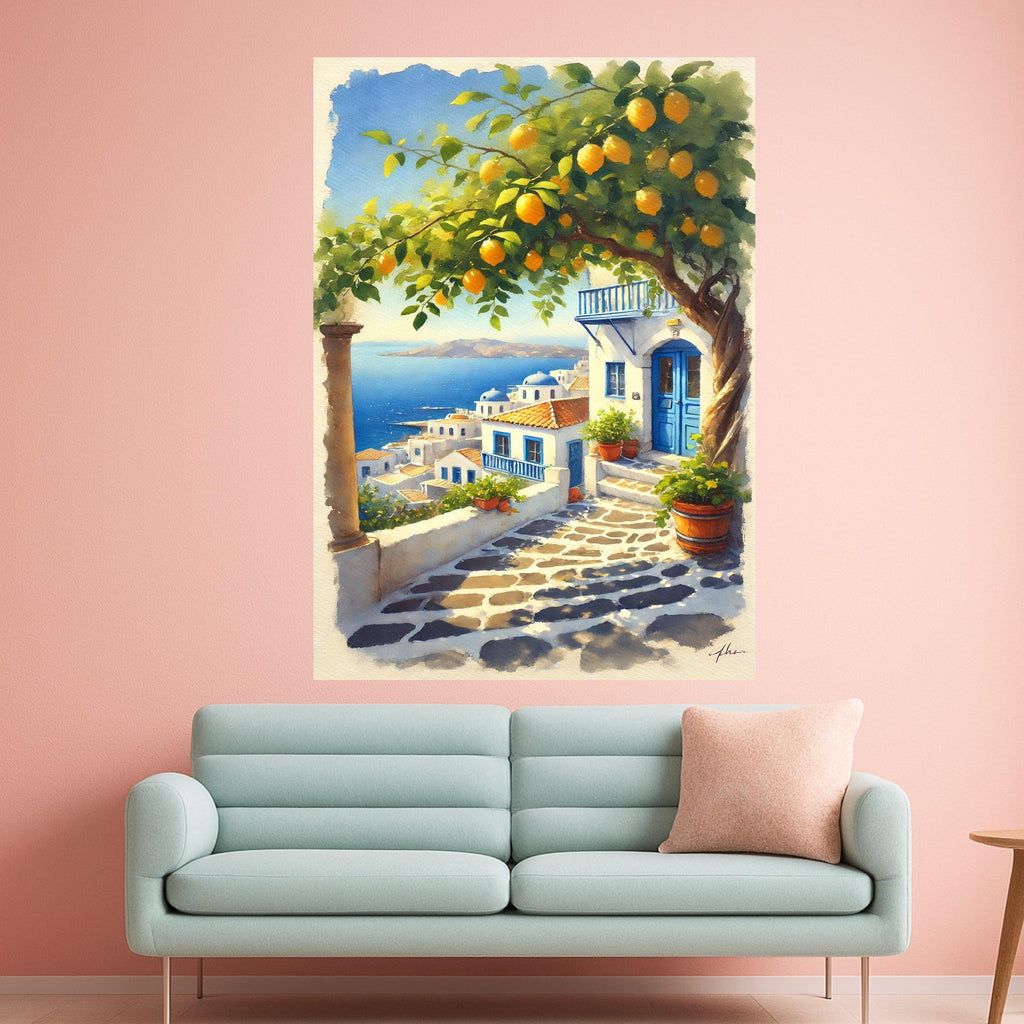 Mediterranean Village Canvas Print – Coastal Wall Art with Lemon Tree – Greek Island Wall Decor – Ready to Hang Travel Painting