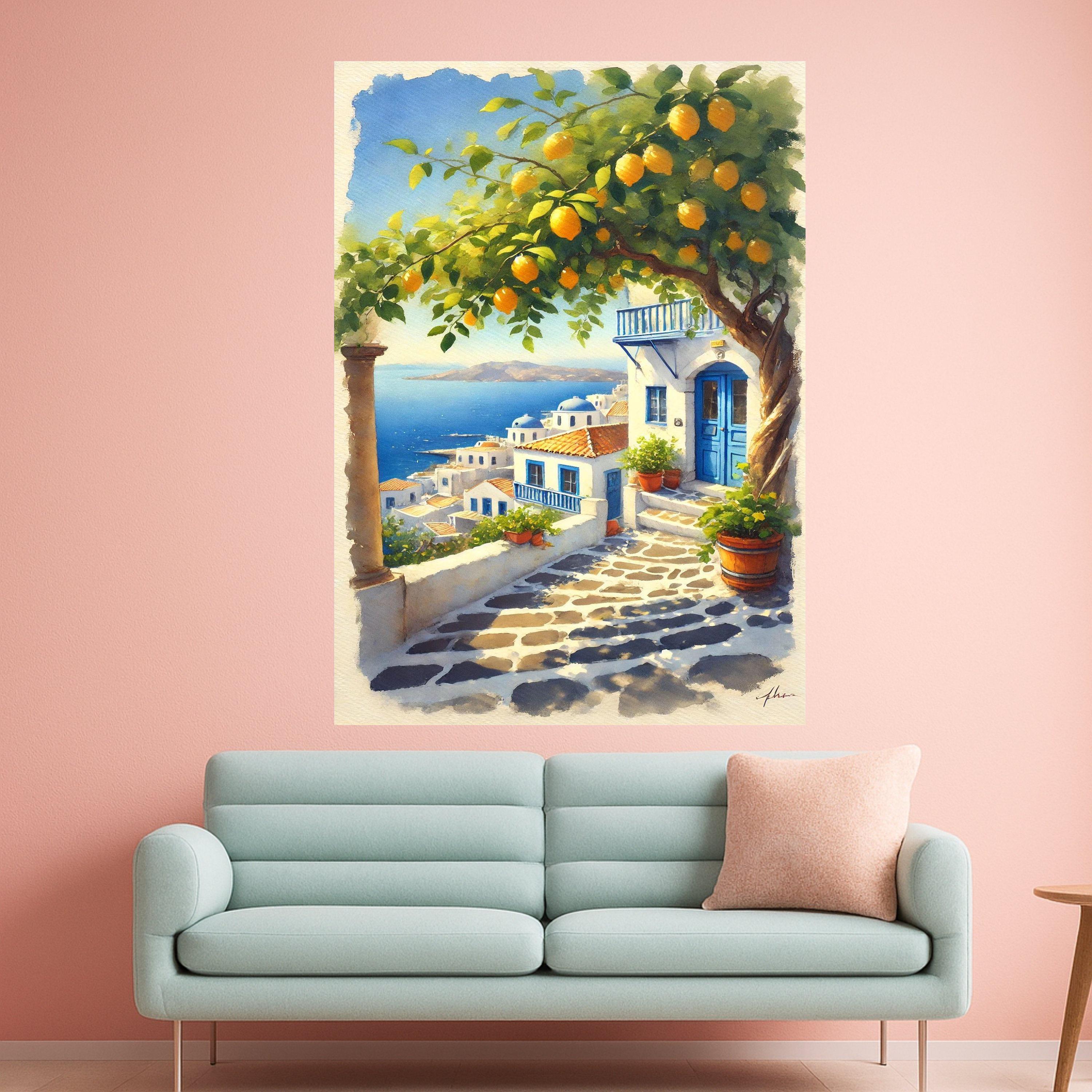 Mediterranean Village Canvas Print – Coastal Wall Art with Lemon Tree – Greek Island Wall Decor – Ready to Hang Travel Painting
