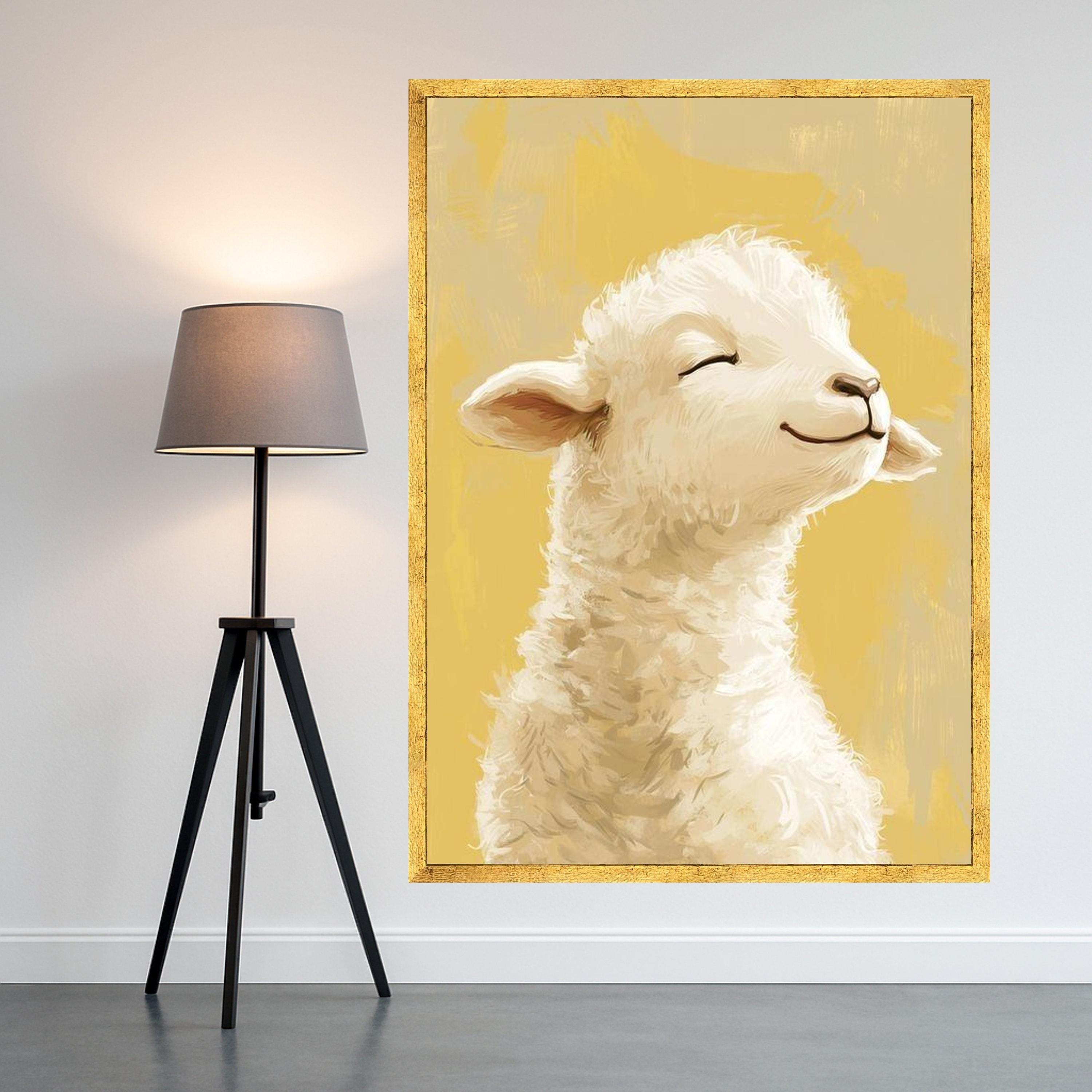 Smiling Lamb Canvas Wall Art, Farm Animal Portrait, Nursery Room Decoration, Cute Baby Sheep Canvas, Rustic Country Home Ready To Hang,