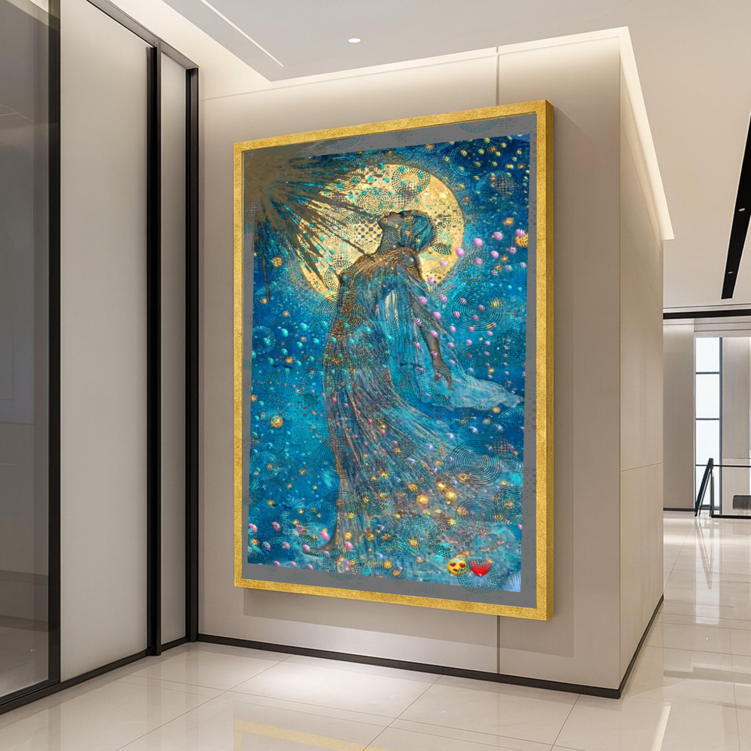 Celestial Goddess Canvas Print – Mystical Moonlight Wall Art – Dreamy Blue Wall Decor – Ready to Hang Spiritual Painting