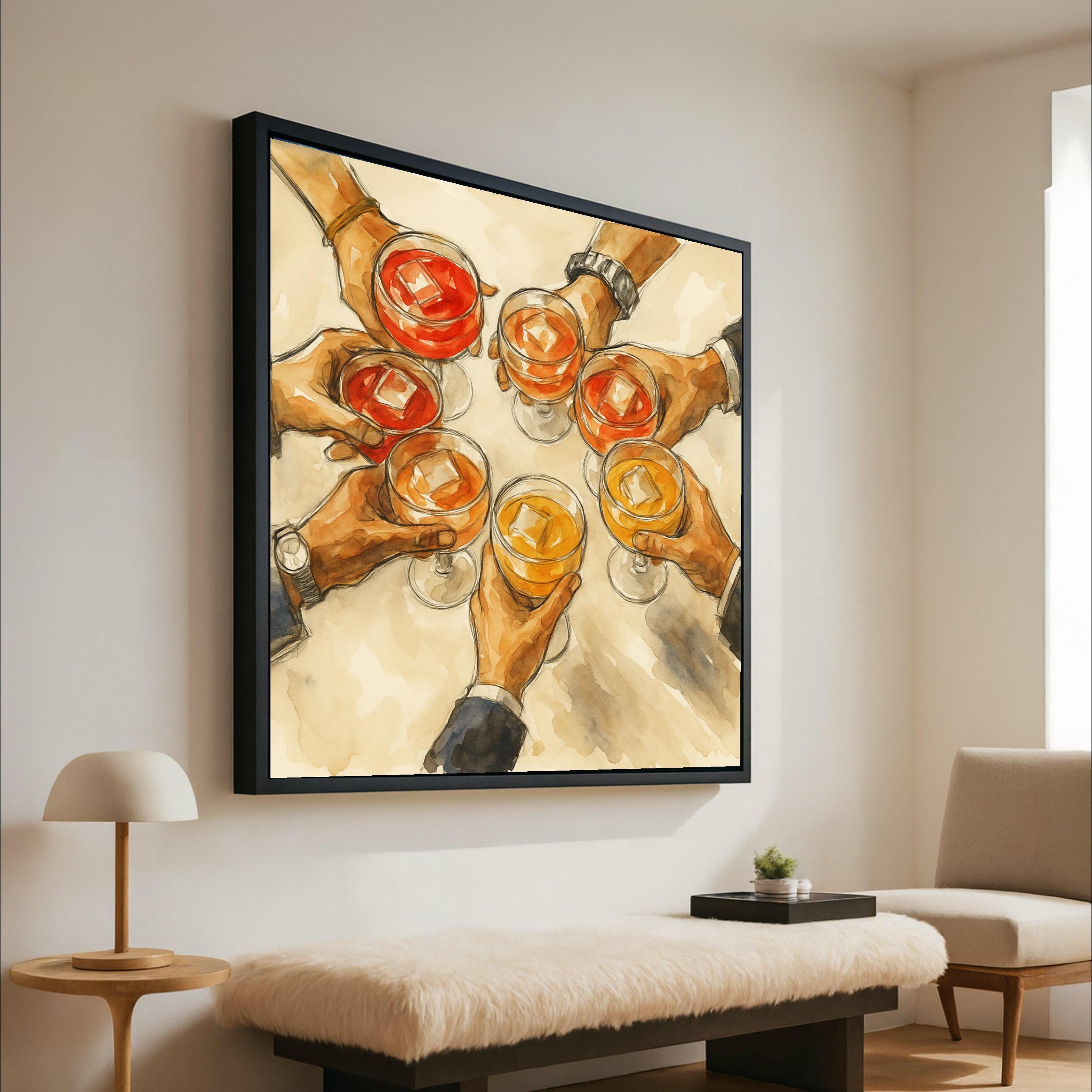 Celebration Cheers Canvas Wall Art, Hands Holding Cocktails Painting, Social Gathering Drink Decor, Party Vibe Artwork, Ready Ready To Hang,