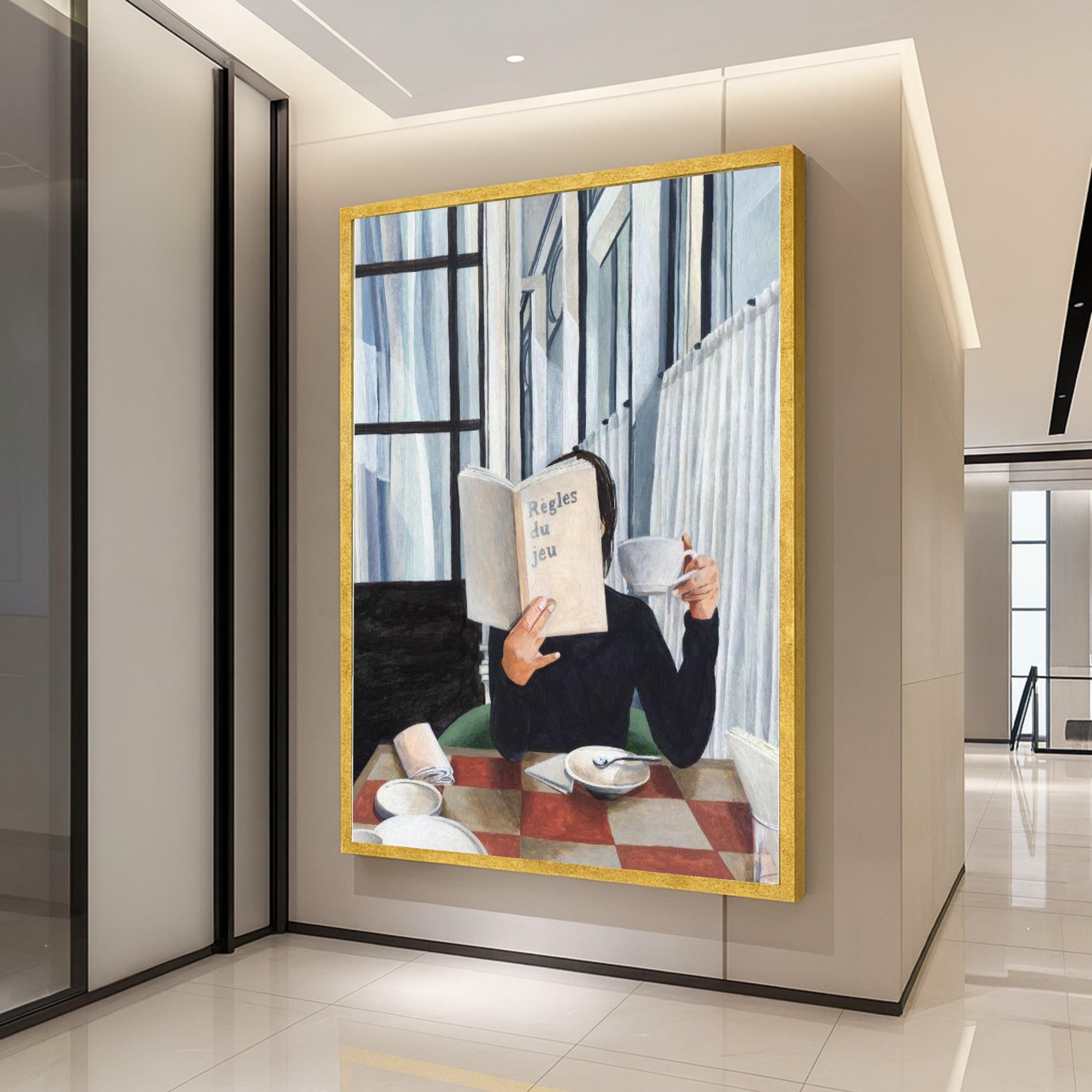 Minimalist Reading Canvas Print – Modern Cafe Scene Wall Art – Elegant Wall Decor for Book Lovers – Ready to Hang Painting