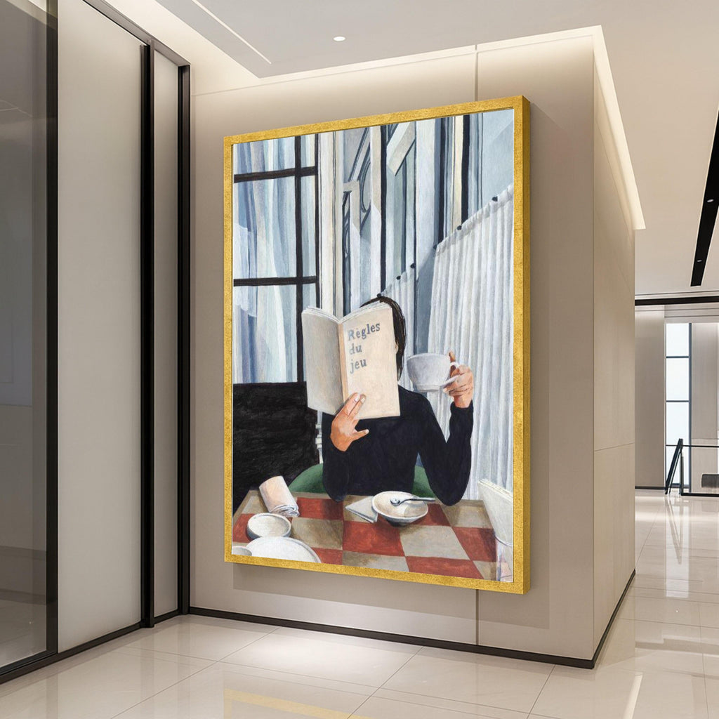 Minimalist Reading Canvas Print – Modern Cafe Scene Wall Art – Elegant Wall Decor for Book Lovers – Ready to Hang Painting
