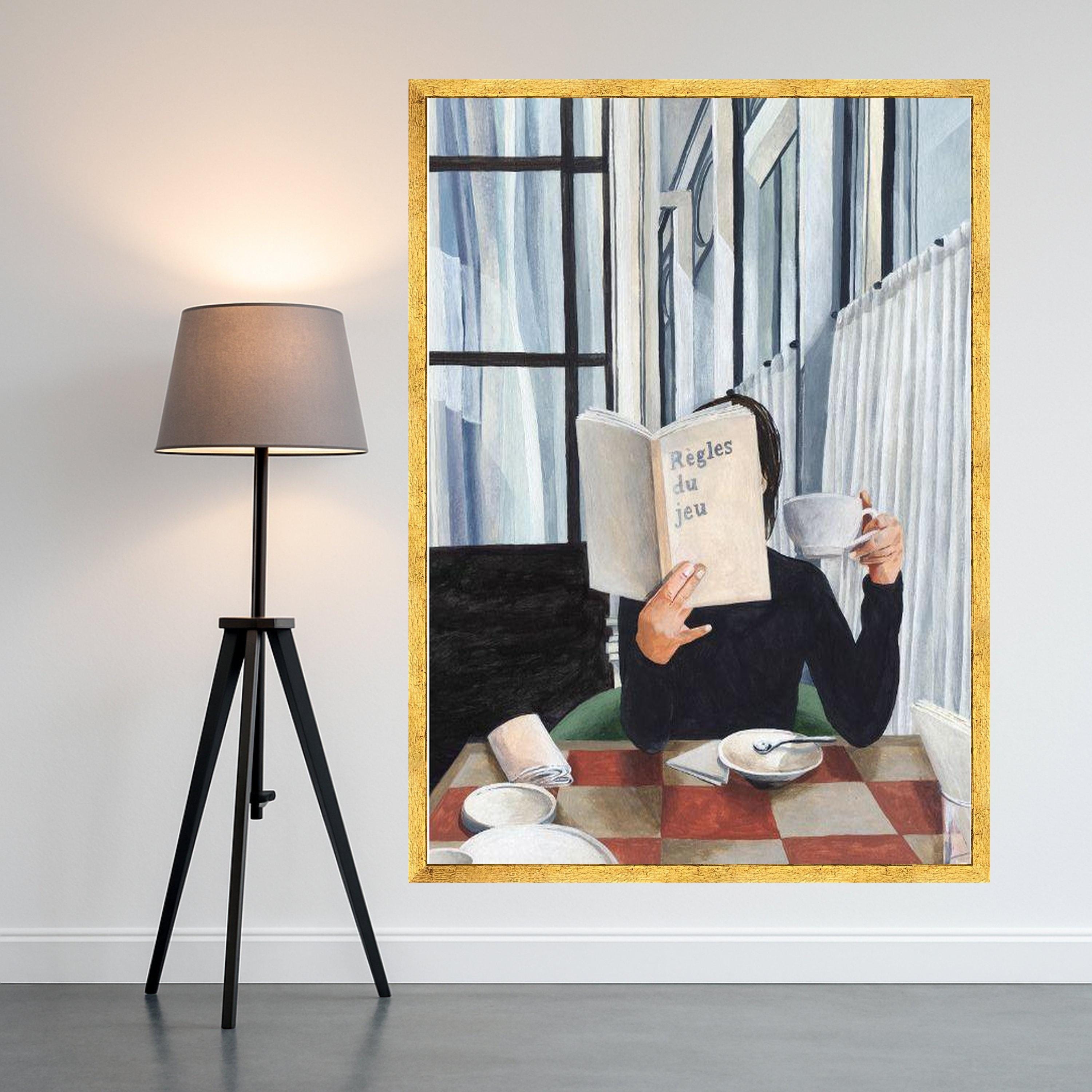 Minimalist Reading Canvas Print – Modern Cafe Scene Wall Art – Elegant Wall Decor for Book Lovers – Ready to Hang Painting