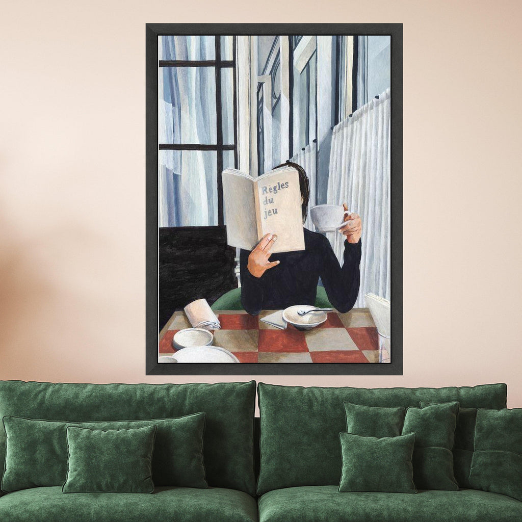 Minimalist Reading Canvas Print – Modern Cafe Scene Wall Art – Elegant Wall Decor for Book Lovers – Ready to Hang Painting