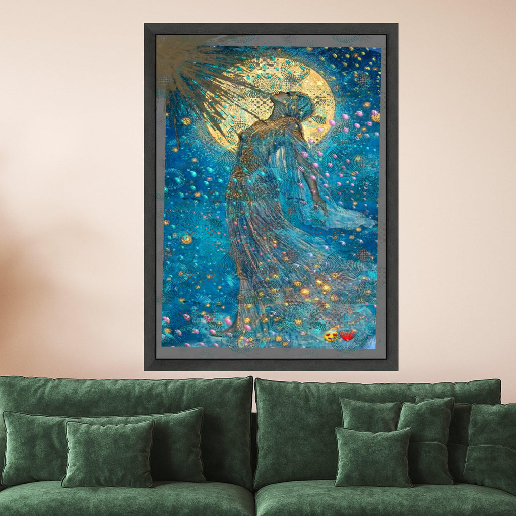 Celestial Goddess Canvas Print – Mystical Moonlight Wall Art – Dreamy Blue Wall Decor – Ready to Hang Spiritual Painting