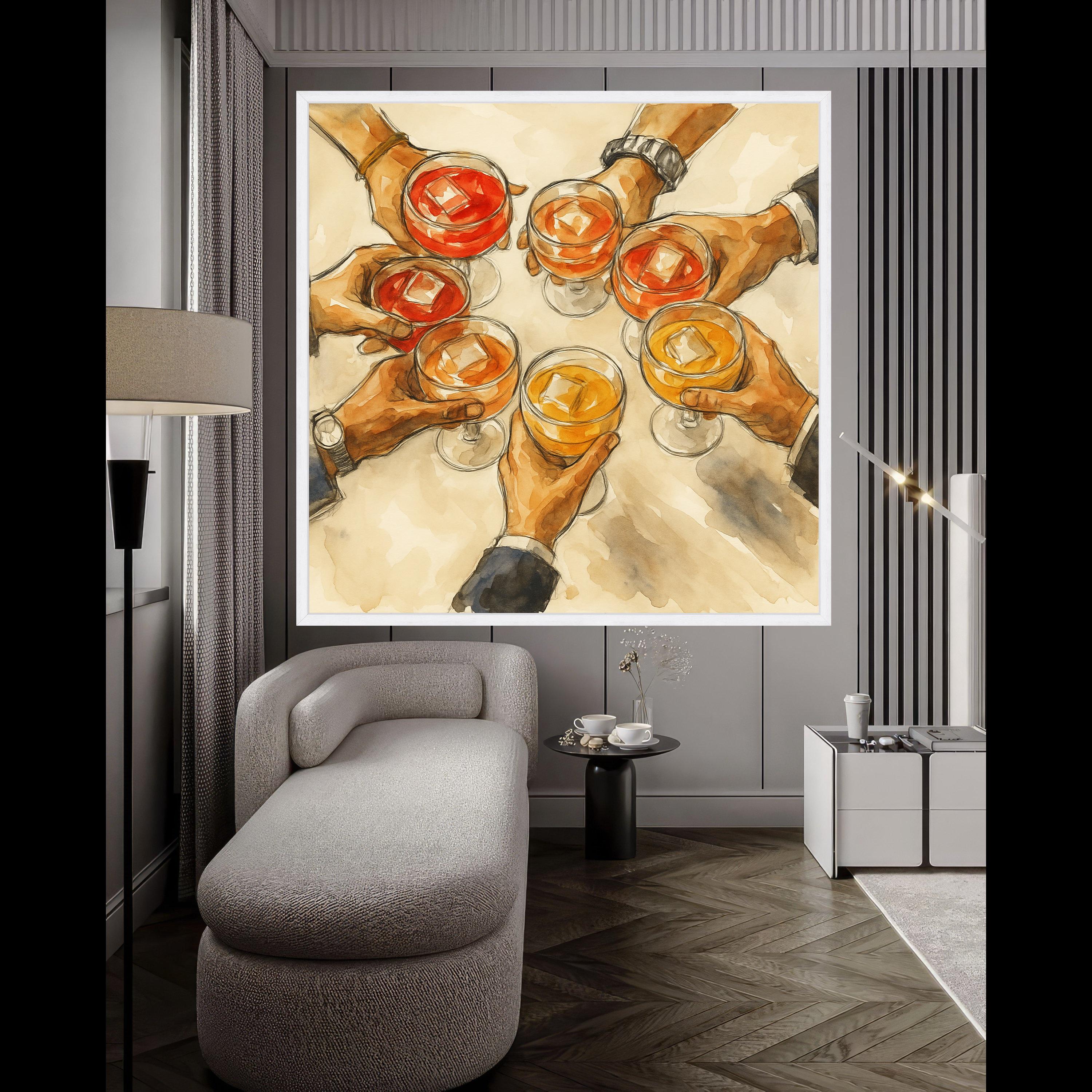 Celebration Cheers Canvas Wall Art, Hands Holding Cocktails Painting, Social Gathering Drink Decor, Party Vibe Artwork, Ready Ready To Hang,