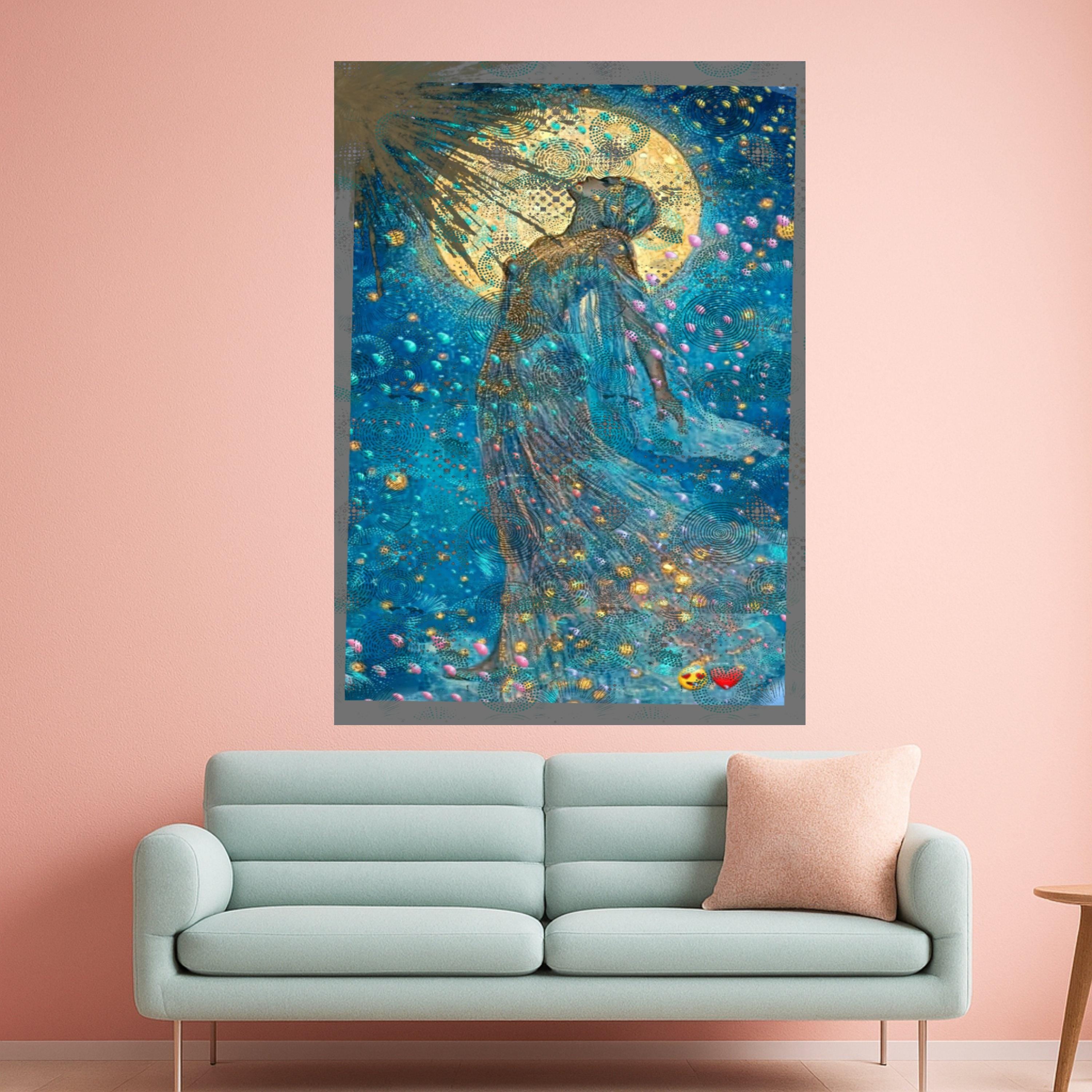 Celestial Goddess Canvas Print – Mystical Moonlight Wall Art – Dreamy Blue Wall Decor – Ready to Hang Spiritual Painting