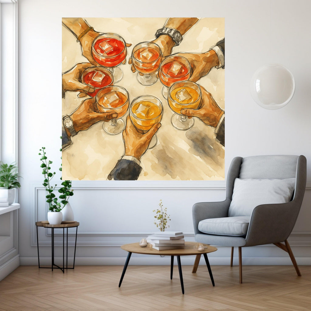 Celebration Cheers Canvas Wall Art, Hands Holding Cocktails Painting, Social Gathering Drink Decor, Party Vibe Artwork, Ready Ready To Hang,