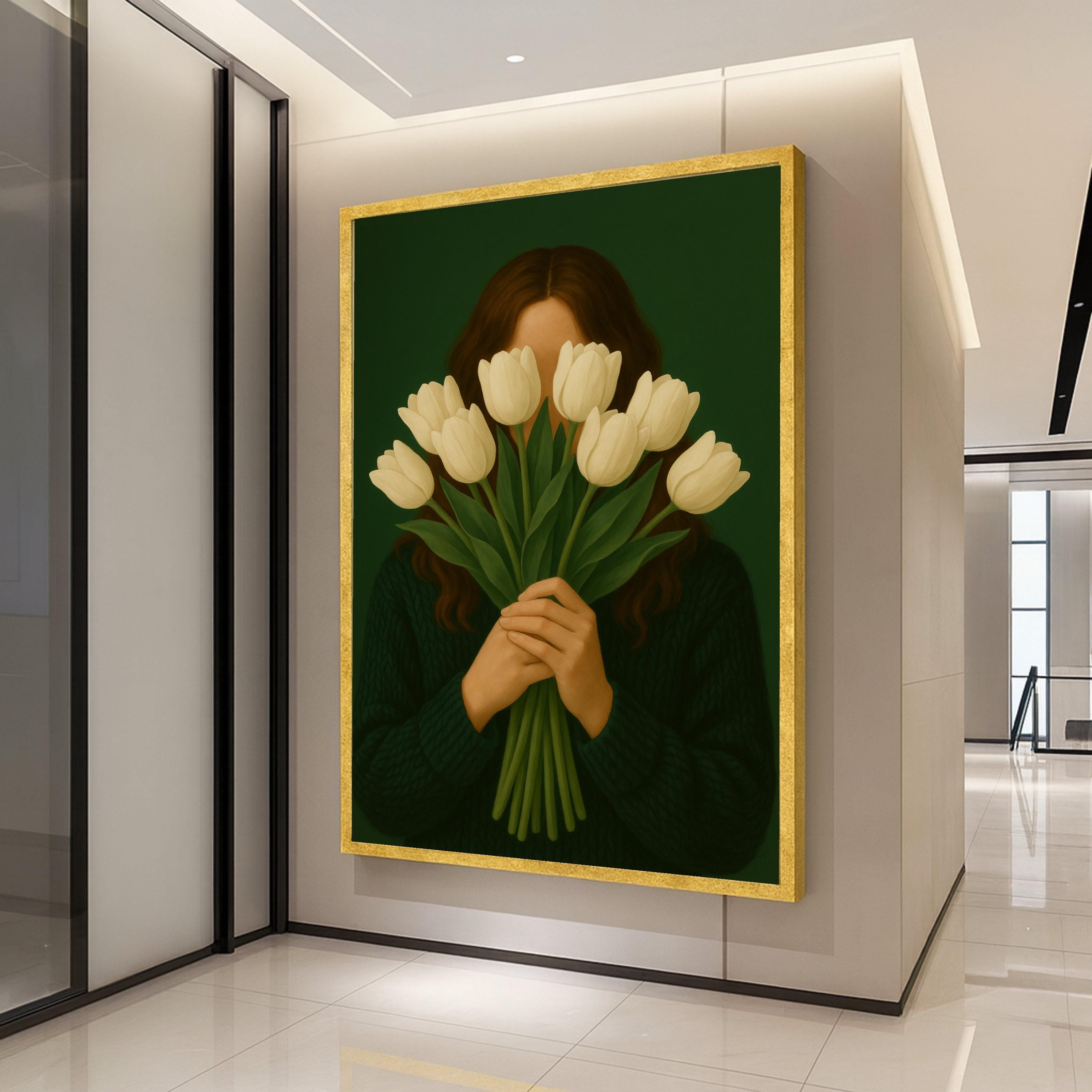 White Tulip Portrait Canvas Print – Modern Minimalist Wall Art – Elegant Floral Wall Decor Ready to Hang
