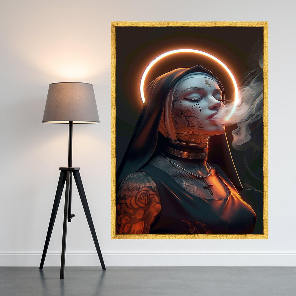 Modern Gothic Nun Canvas Wall Art, Tattooed Woman with Halo, Smoker Portrait Canvas, Dark Spiritual Decor, Edgy Religious Ready To Hang,