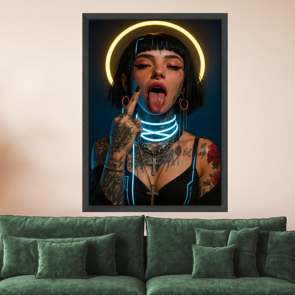 Neon Portrait Canvas Print – Cyberpunk Wall Art – Edgy Wall Decoration – Urban Wall Decor – Ready to Hang Modern Artwork