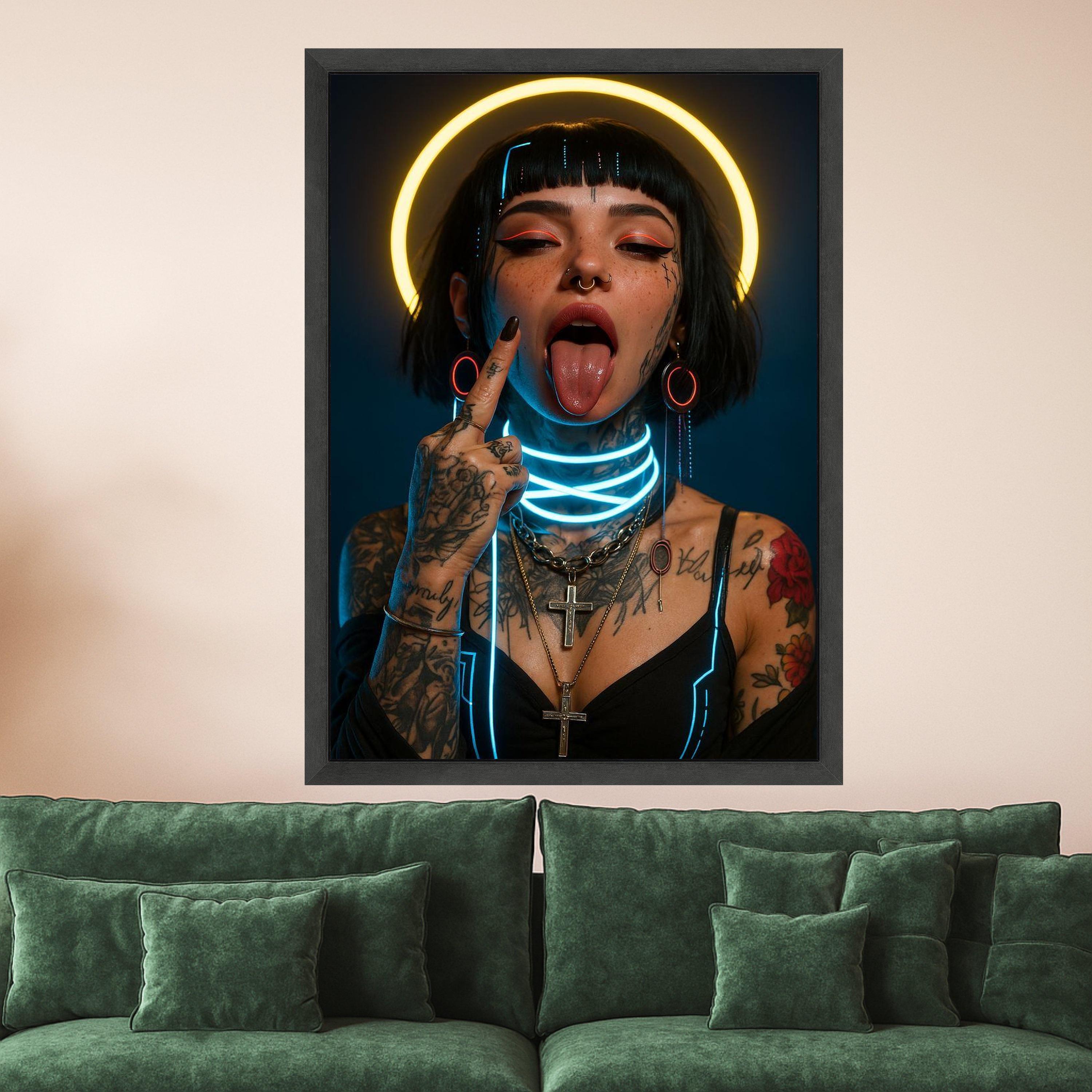 Neon Portrait Canvas Print – Cyberpunk Wall Art – Edgy Wall Decoration – Urban Wall Decor – Ready to Hang Modern Artwork