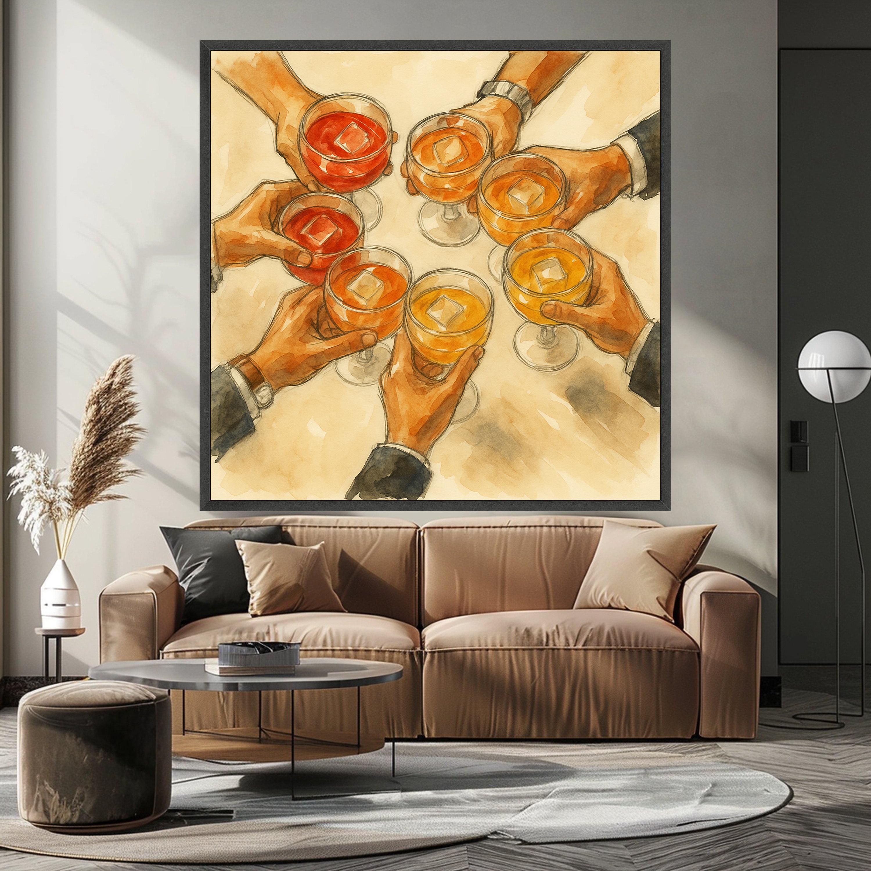 Toasting Celebration Canvas Wall Art, Hands Holding Glasses with Drinks, Party Scene Illustration, Cheers Wall Decor, Ready Ready To Hang,