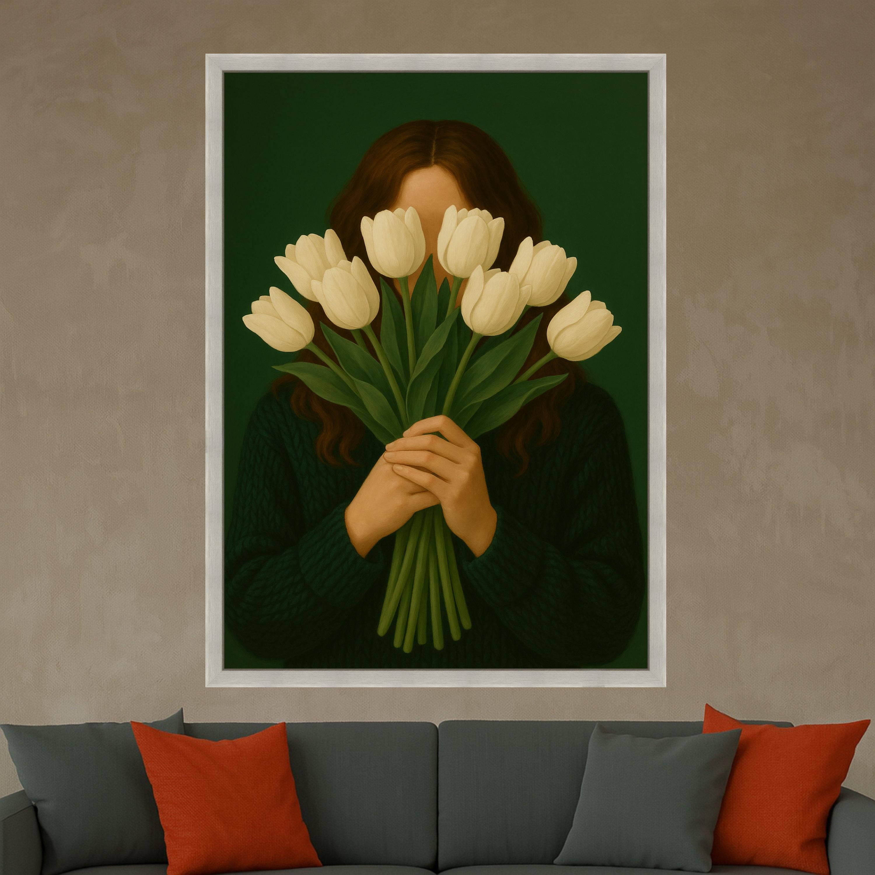 White Tulip Portrait Canvas Print – Modern Minimalist Wall Art – Elegant Floral Wall Decor Ready to Hang