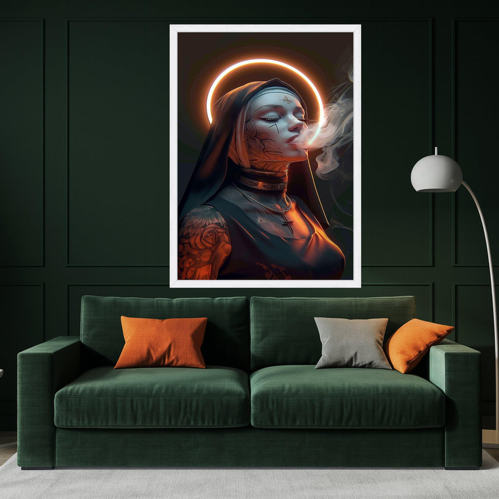 Modern Gothic Nun Canvas Wall Art, Tattooed Woman with Halo, Smoker Portrait Canvas, Dark Spiritual Decor, Edgy Religious Ready To Hang,