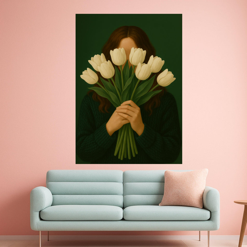 White Tulip Portrait Canvas Print – Modern Minimalist Wall Art – Elegant Floral Wall Decor Ready to Hang