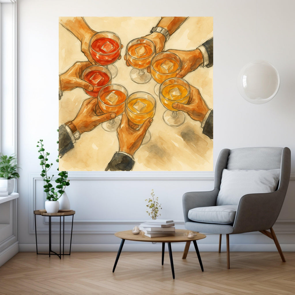 Toasting Celebration Canvas Wall Art, Hands Holding Glasses with Drinks, Party Scene Illustration, Cheers Wall Decor, Ready Ready To Hang,