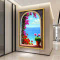 Mediterranean Window Canvas Print – Coastal Ocean View Wall Art – Floral Seaside Wall Decor Ready to Hang